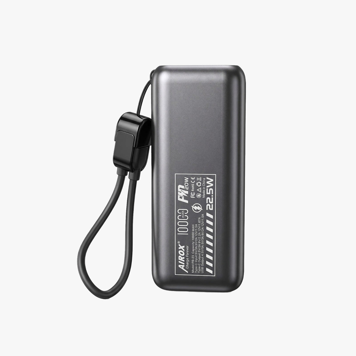 Airox PB-23 10000mAh Power Bank with Built-in Cable & LED Display – 22.5W Fast Charging Airox.pk