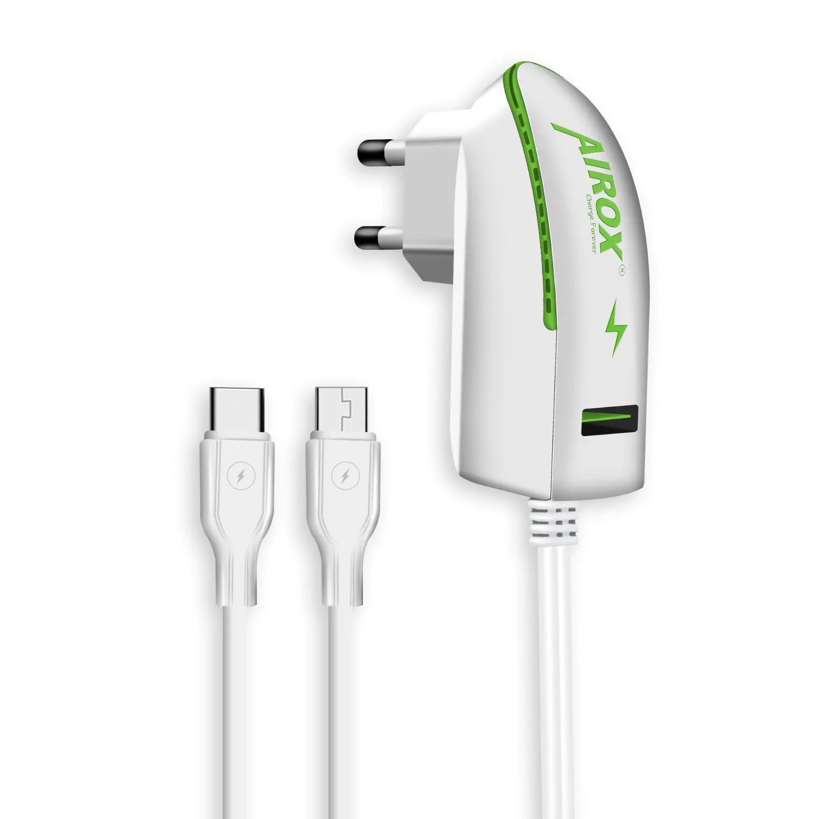 Airox CH09: Light Change Charger with Dual Built-in V8 and Type C Cables, Dual USB Ports (3.4 Amps) Airox.pk