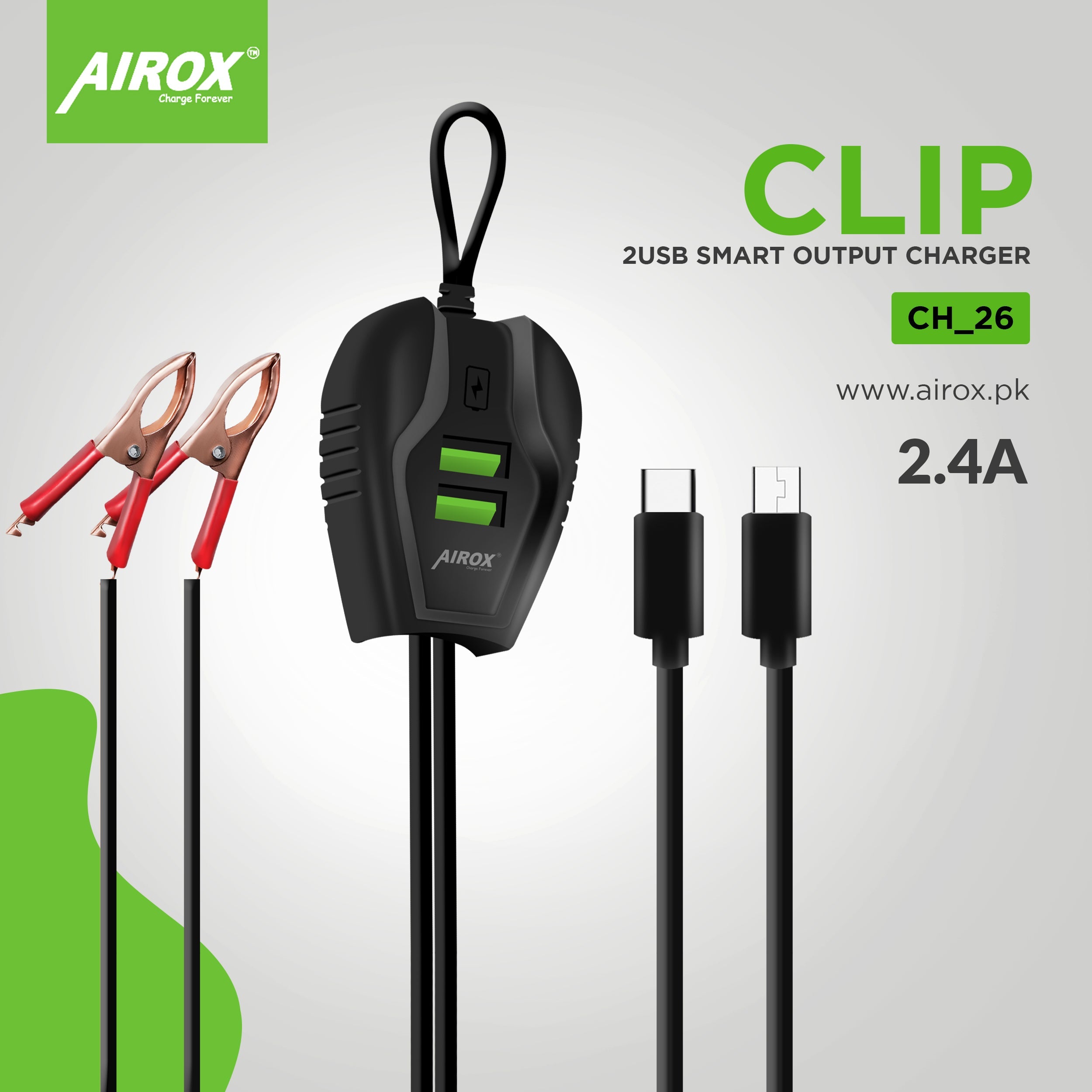 Airox CH26 DC Charger - Dual USB Smart Output for Fast and Safe Charging | Compact & Reliable Airox.pk