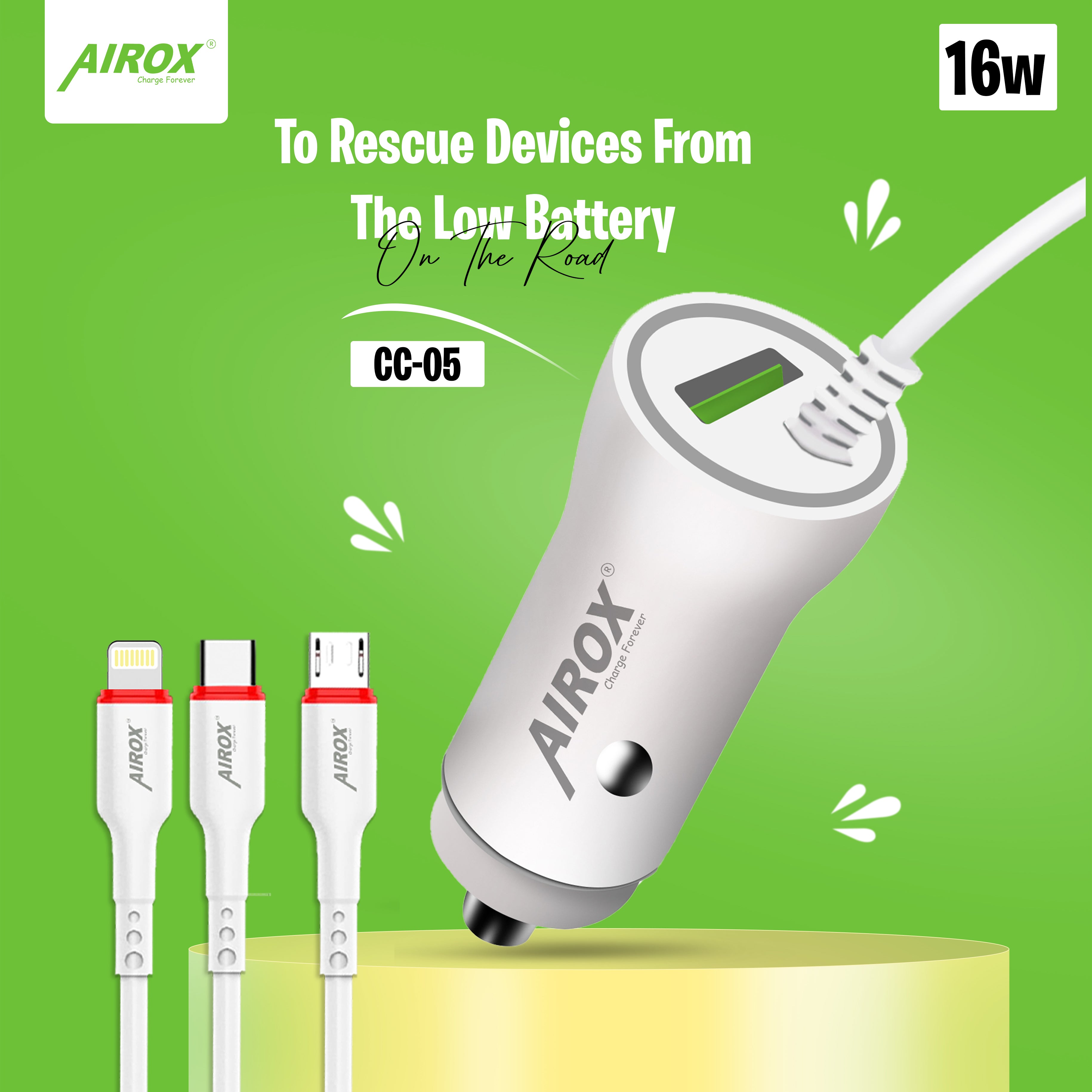 CC05 Fast Car Charger with Cable & USB Port 