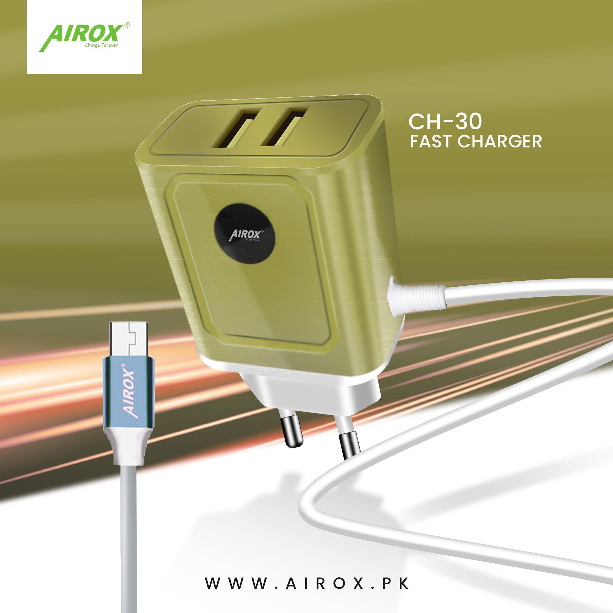 Airox CH30 Fast Charger - 2 USB Ports + 1 V8 Cable | Smart Output for Versatile Charging Airox.pk