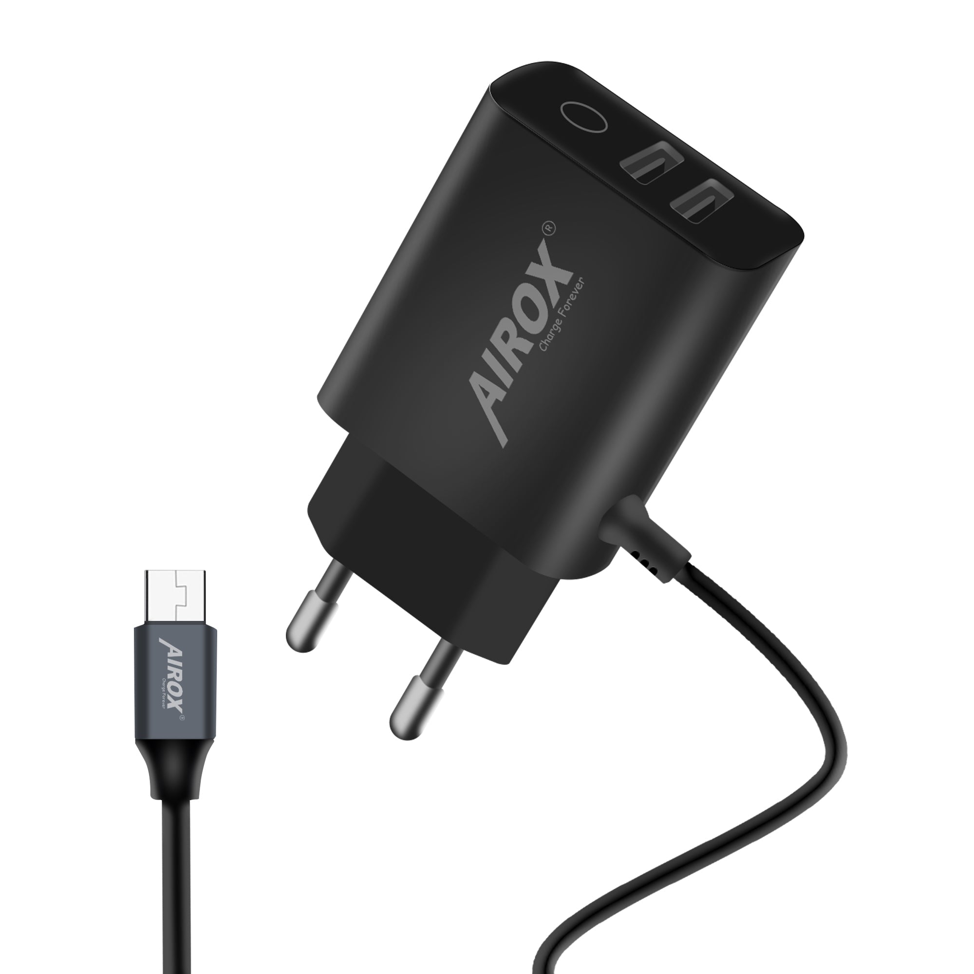 Airox CH44 Fast Charger - 2 USB Ports + 1 V8 Cable | Smart Output for Efficient Charging Airox.pk