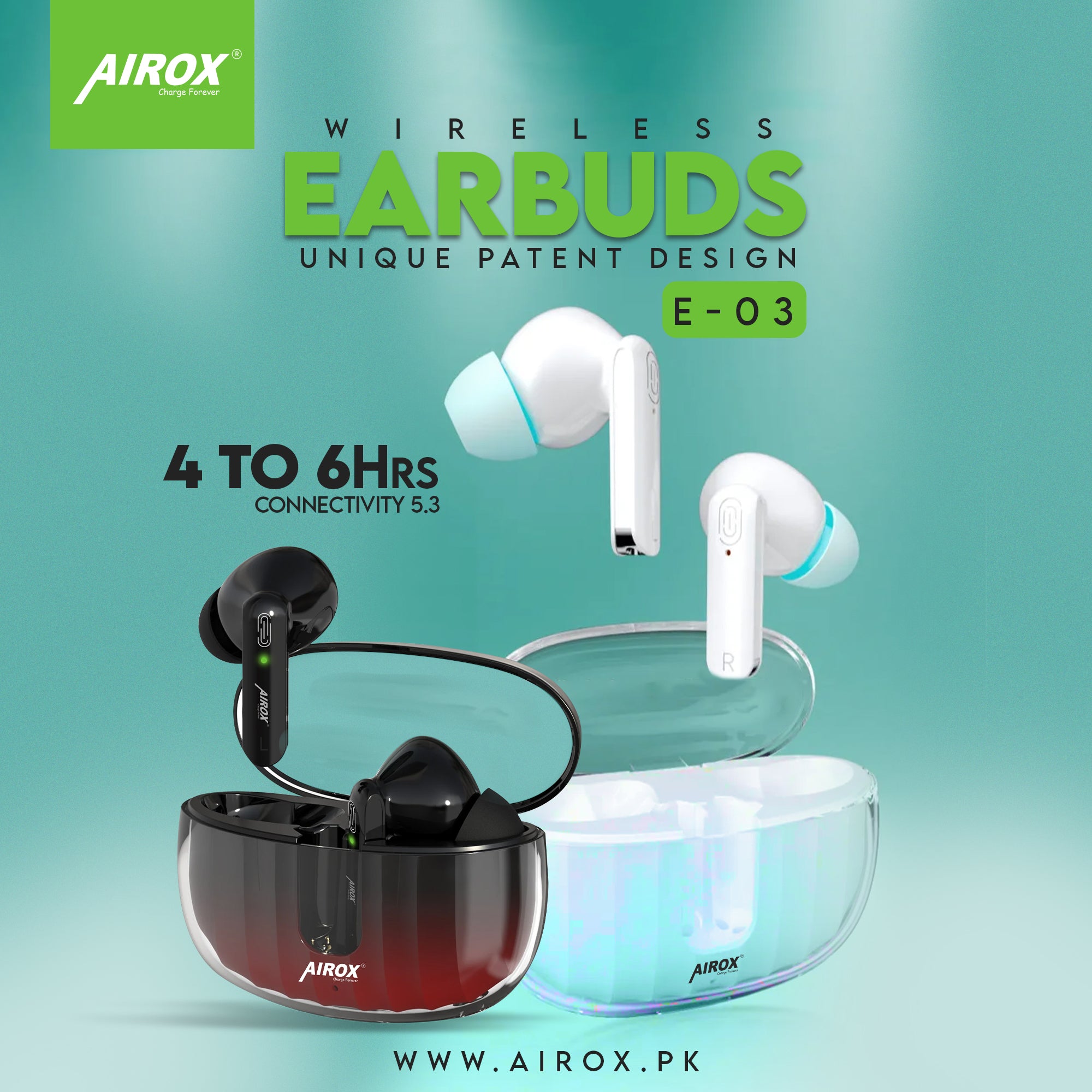 Airox E3 Wireless Earbuds with Crystal Case - Long Battery Life and Crystal-Clear Sound airox.pk